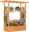 Wooden raised garden bed with side trellis and hanging roof, perfect for flowers and climbing plants in outdoor spaces.