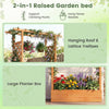 Wooden raised garden bed with trellis and hanging roof, perfect for climbing plants and vibrant flower arrangements.