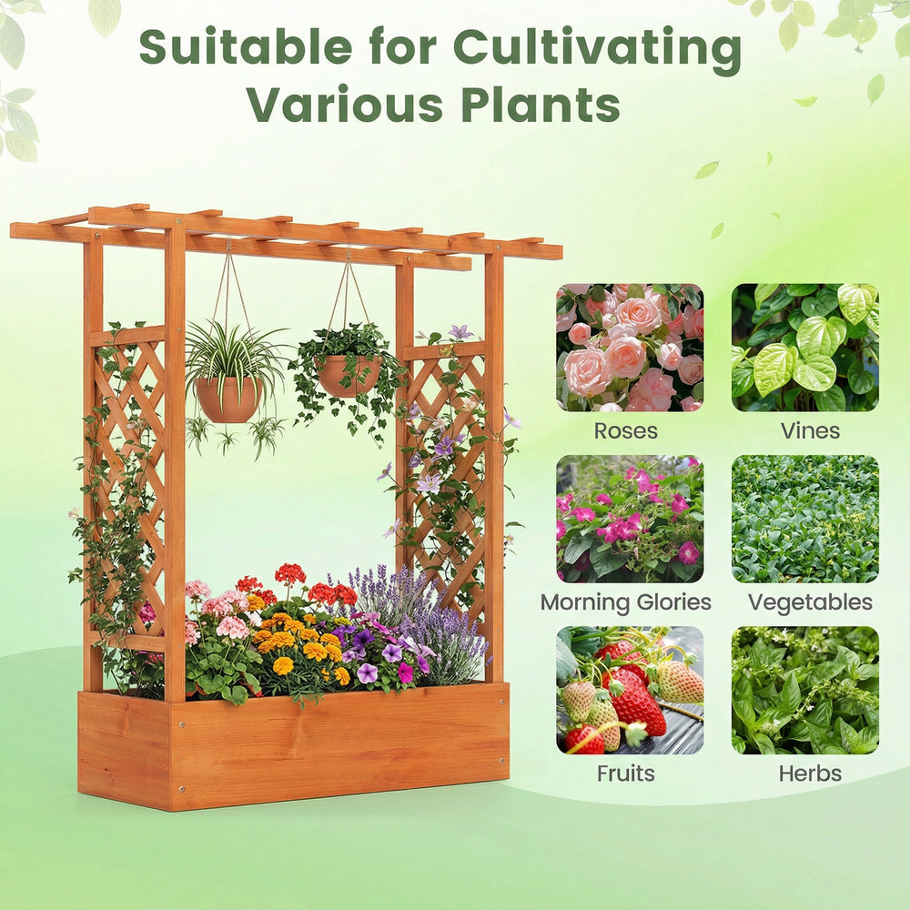 Wooden raised garden bed with side trellis, perfect for growing flowers, herbs, and vegetables in outdoor spaces.