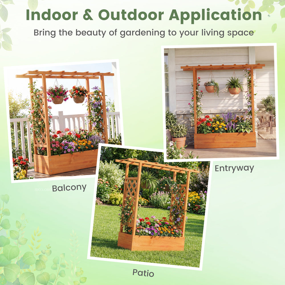 Wooden raised garden bed with side trellis and hanging roof, perfect for vibrant plants on patios, balconies, and.