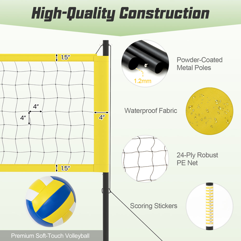 Portable outdoor volleyball net set featuring adjustable poles, tear-resistant net, and easy setup for outdoor fun.