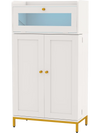 Freestanding white kitchen pantry cabinet with LED light strip, flip door, and ample storage for food and tableware.