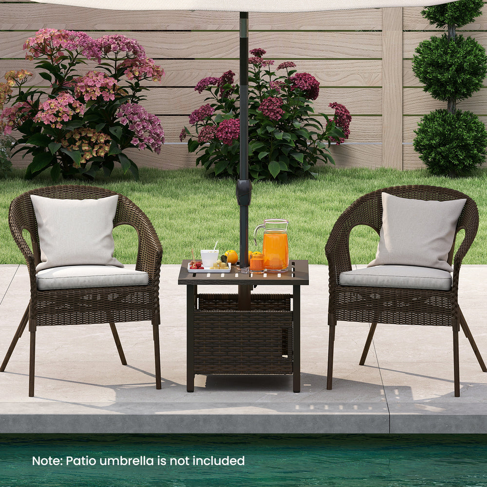 Brown outdoor side table with 1.93" umbrella hole, made of weather-resistant PE rattan, ideal for patio or garden use.