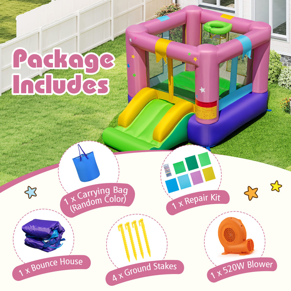 Bouncy castle featuring a jumping area, slide, and basketball hoop made of durable 420D oxford cloth for outdoor fun.