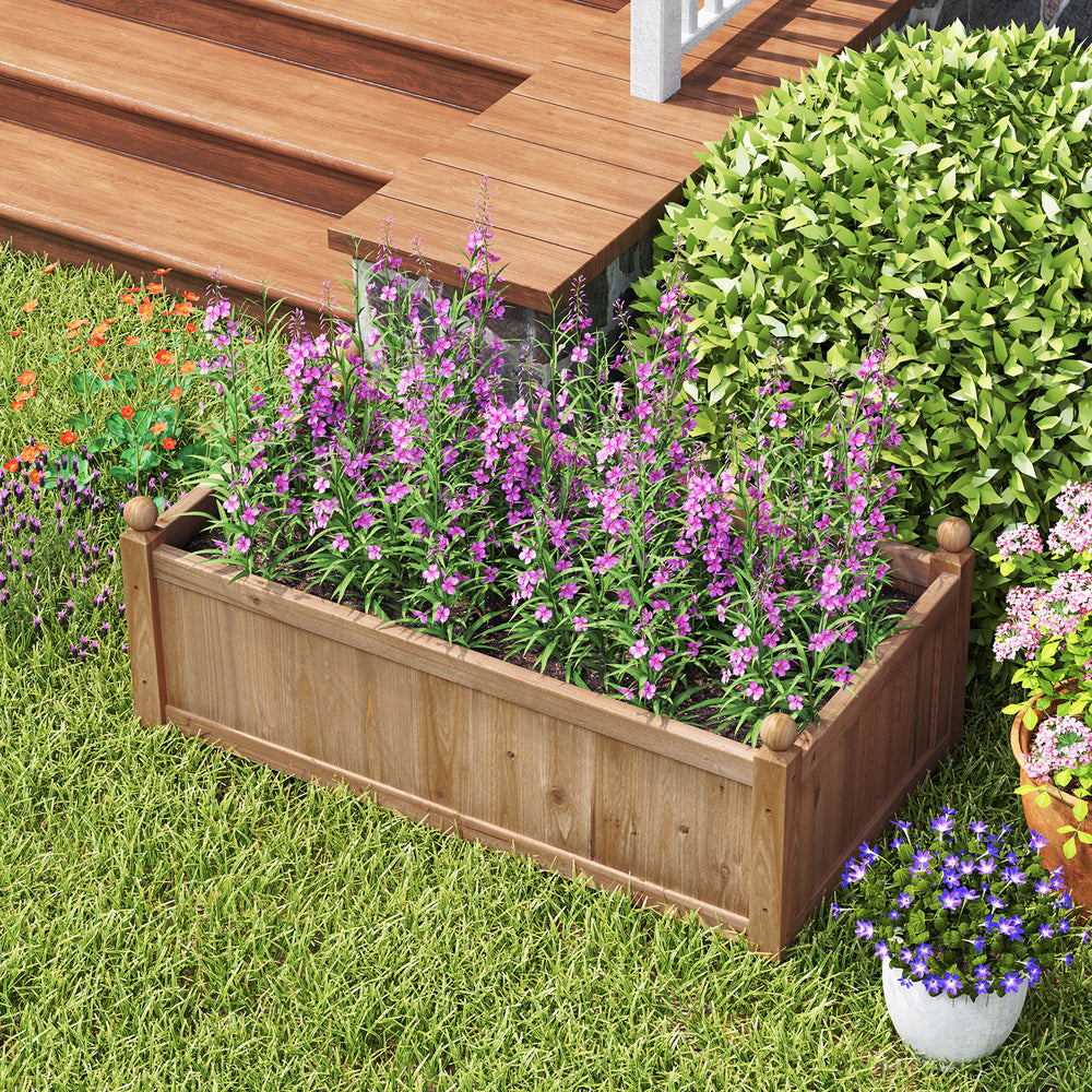 Rectangular brown planter box made of fir wood, featuring drainage holes, ideal for backyard gardens and flower.