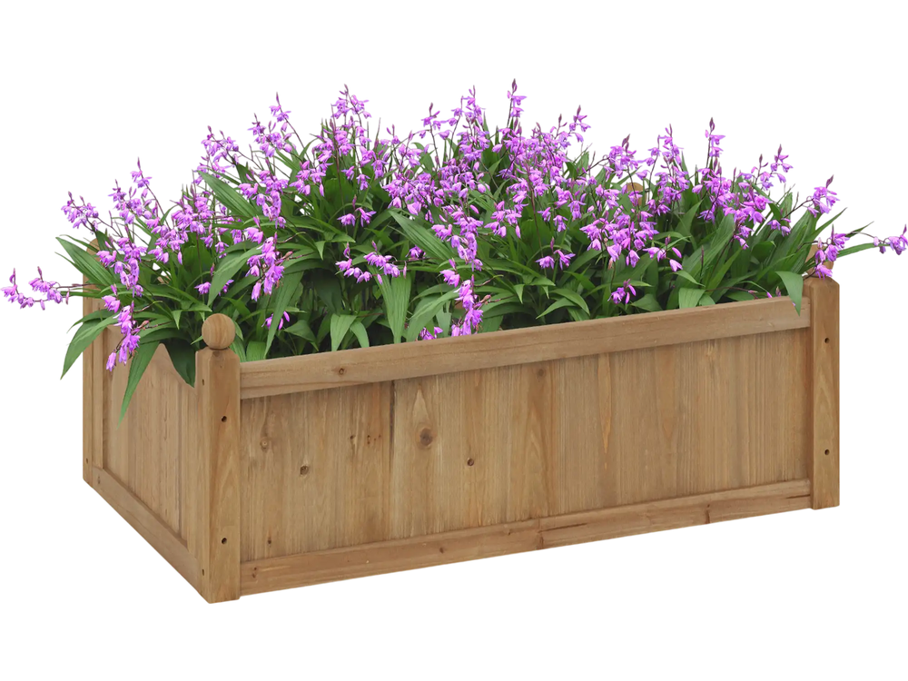 Rectangular brown planter box made of natural fir wood, featuring drainage holes and filled with vibrant purple flowers.