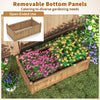 Rectangular brown planter box made of natural fir wood, featuring drainage holes and removable bottom panels for.