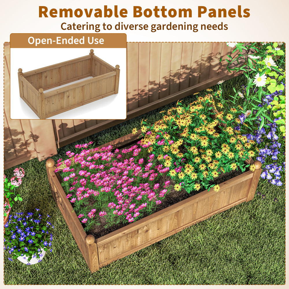 Rectangular brown planter box made of natural fir wood, featuring drainage holes and removable bottom panels for.