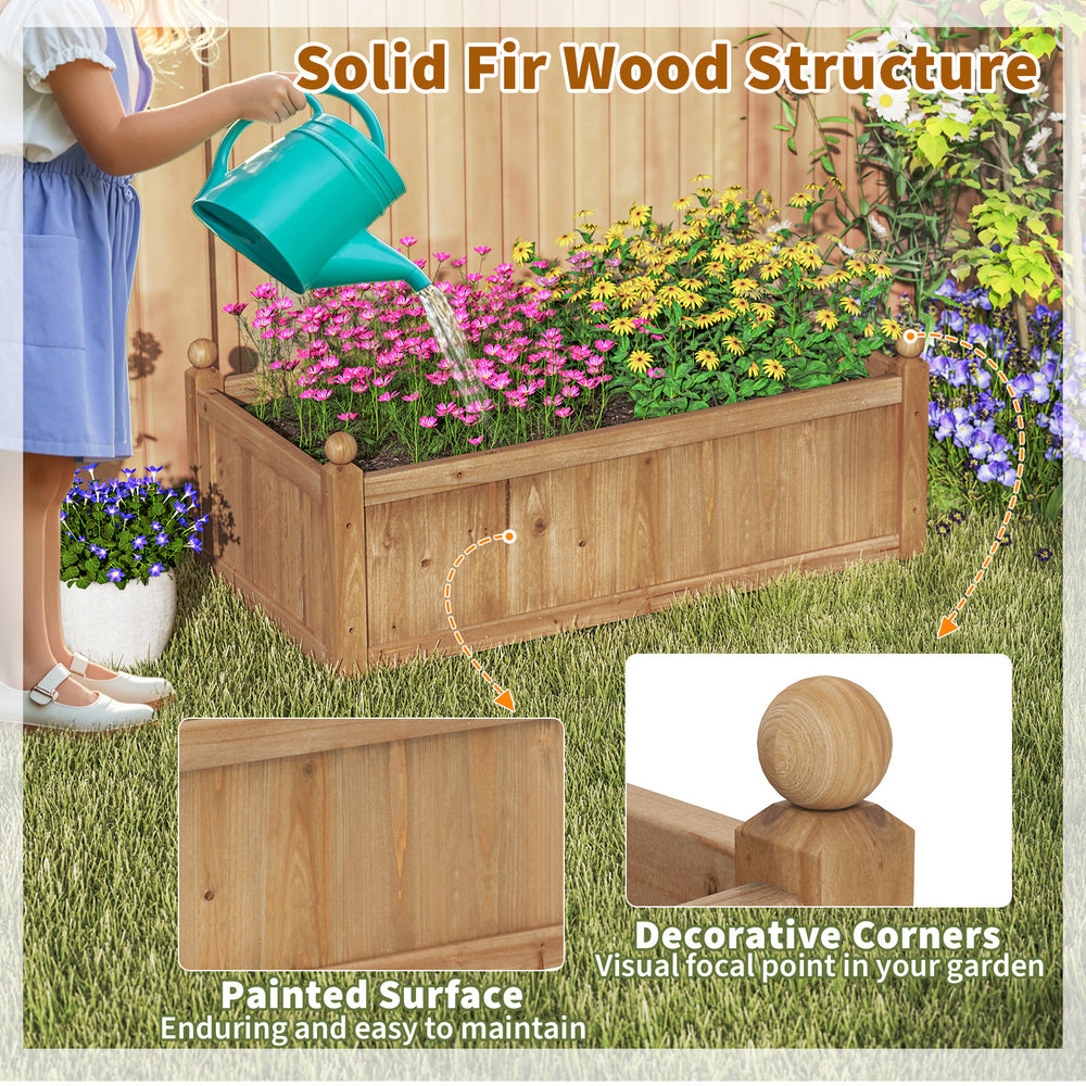 Rectangular brown planter box made of fir wood, featuring decorative corners and drainage holes for garden use.