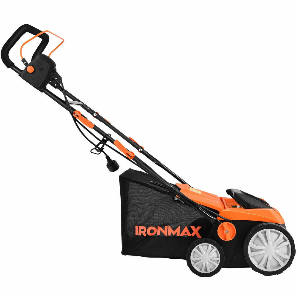 15-inch electric scarifier in orange with a collection bag, featuring adjustable heights and a powerful 13 Amp motor.