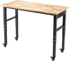 46-inch adjustable height workbench with a heavy-duty oak wood top and lockable wheels for versatile workspace use.