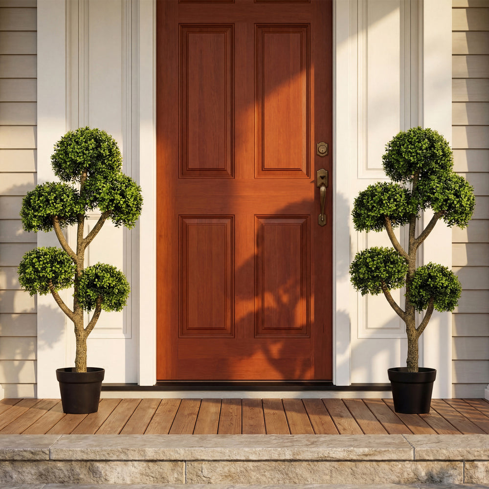 46-inch artificial boxwood topiary tree with five ball-shaped topiaries, perfect for enhancing entryways and porches.