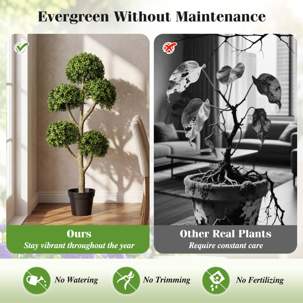 46-inch artificial boxwood topiary tree with five ball-shaped topiaries, perfect for maintenance-free indoor decor.