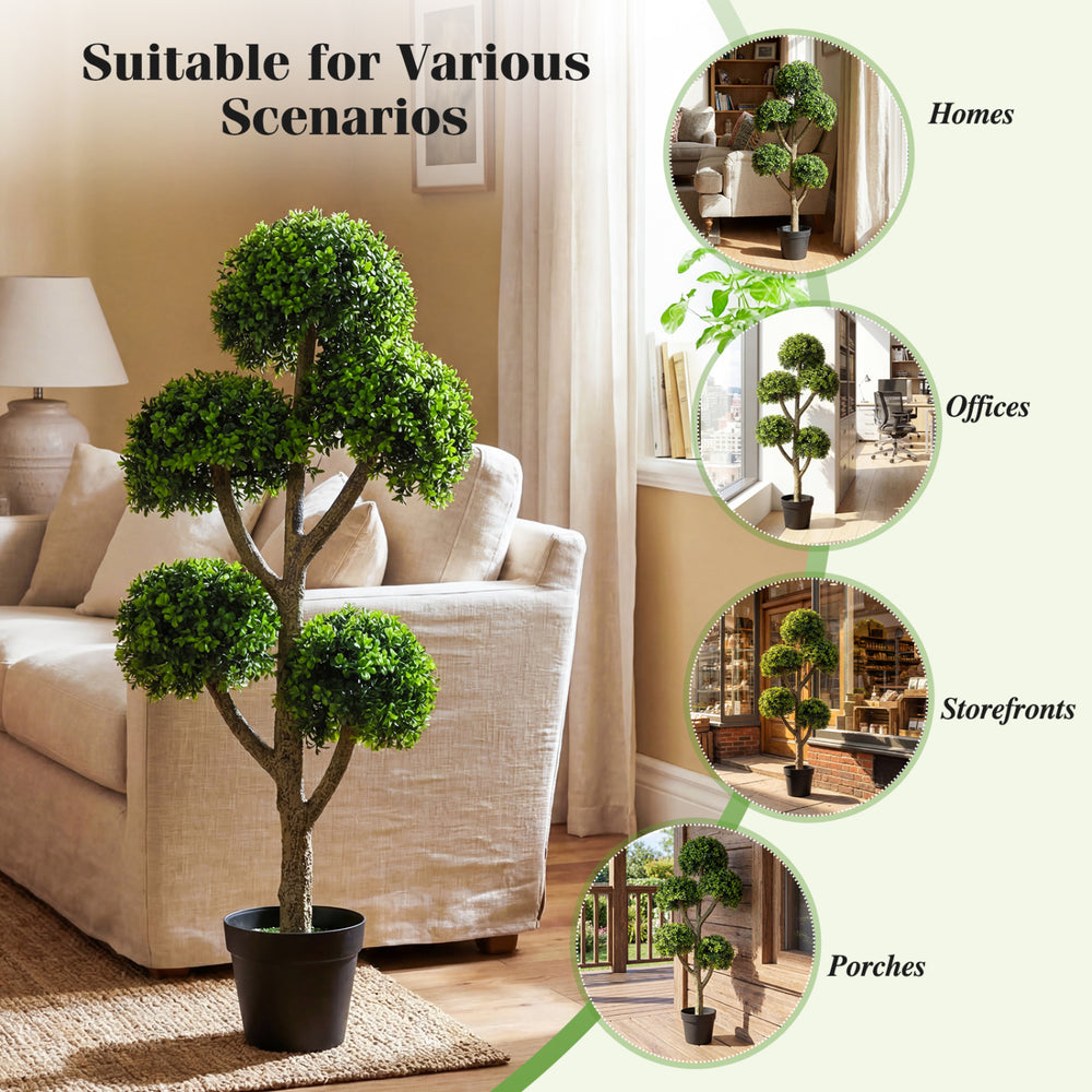 46-inch artificial boxwood topiary tree with five ball-shaped topiaries, perfect for homes, offices, and porches.