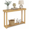 Solid wood console table with a teak finish, featuring a 2-tier design for ample storage in a farmhouse style.