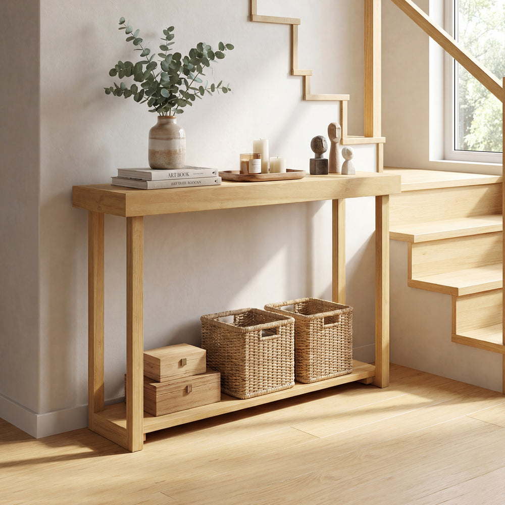 Solid wood console table with a 1" thick top, featuring a rustic design and two-tier storage for versatile use.