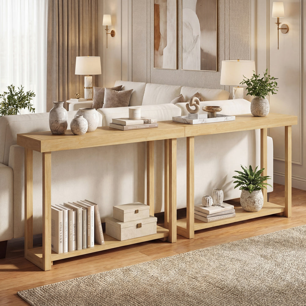 Solid wood console table with 2-tier design, teak finish, perfect for living room storage and farmhouse decor.