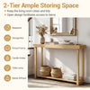 Solid wood console table with 2-tier design, teak finish, perfect for living room storage and rustic decor.