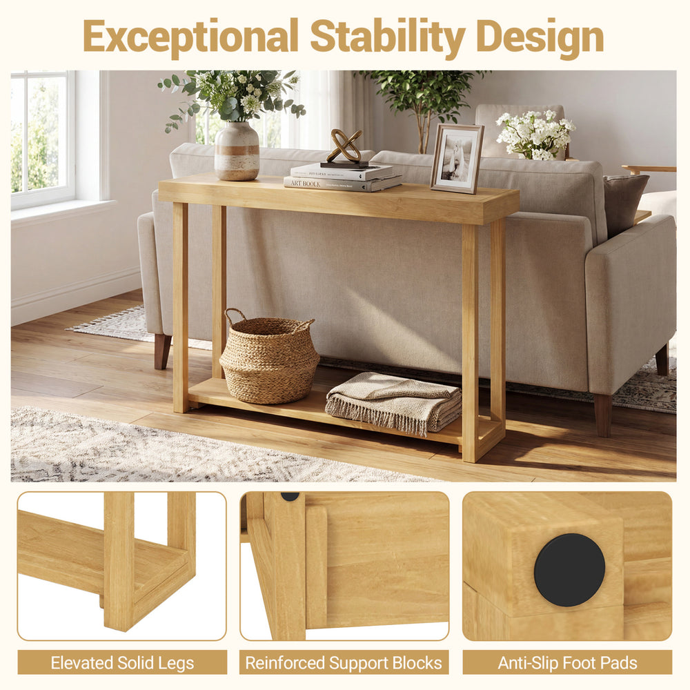 46-inch solid wood console table with a 2-tier design, sturdy teak frame, and anti-slip foot pads for versatile use.