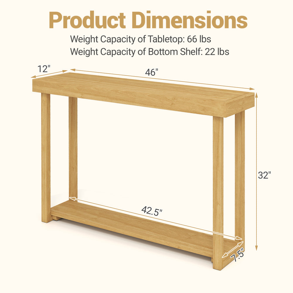 Dimensions of the 46-inch solid wood console table with a 2-tier design, showcasing rustic teak wood for versatile use.