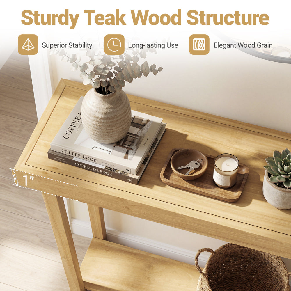 Teak wood console table with 1" thick top, 2-tier storage, and elegant grain, perfect for living room or hallway use.