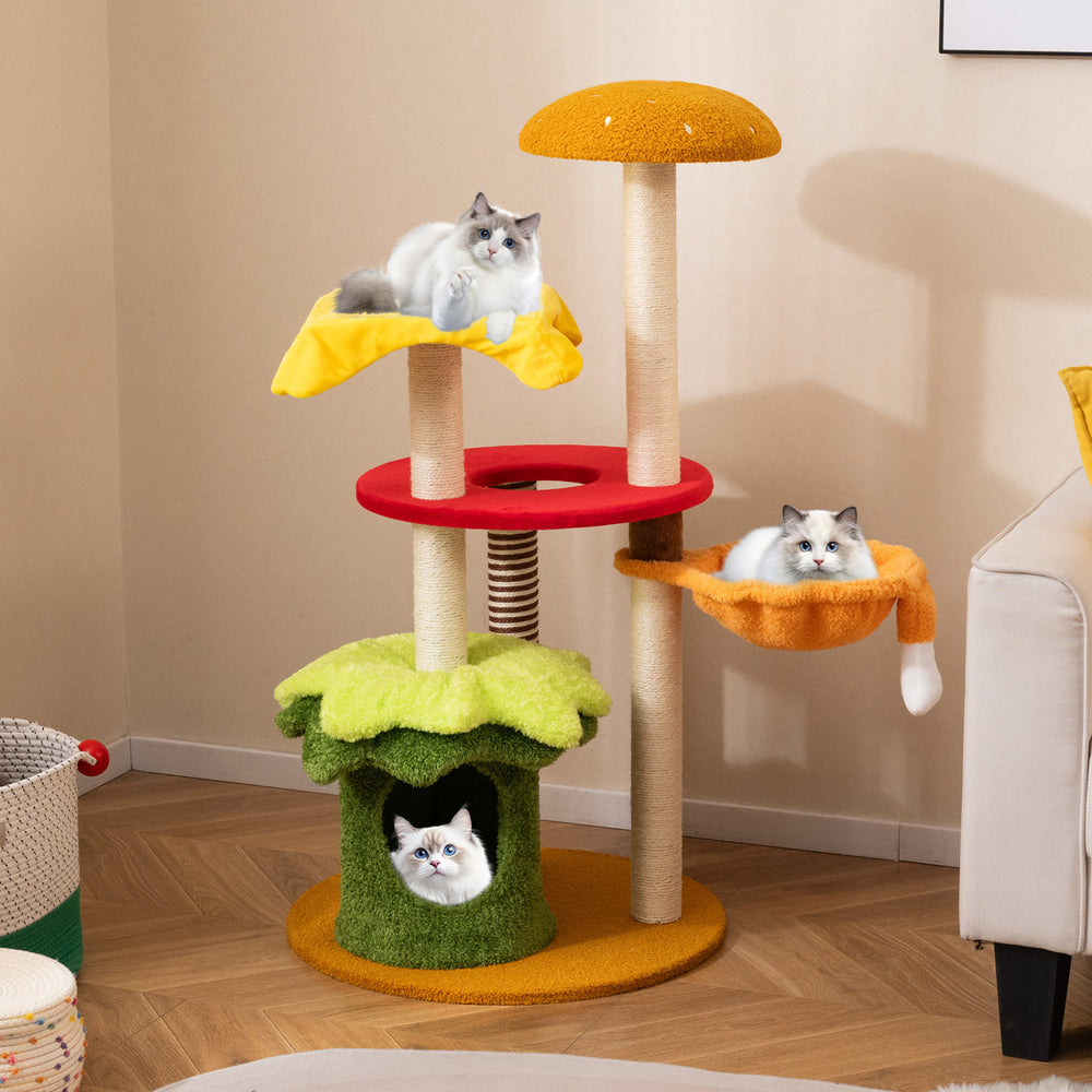 Multi-level 46-inch cat tree in vibrant colors with padded perch, cozy basket bed, and playful hanging toy for cats.