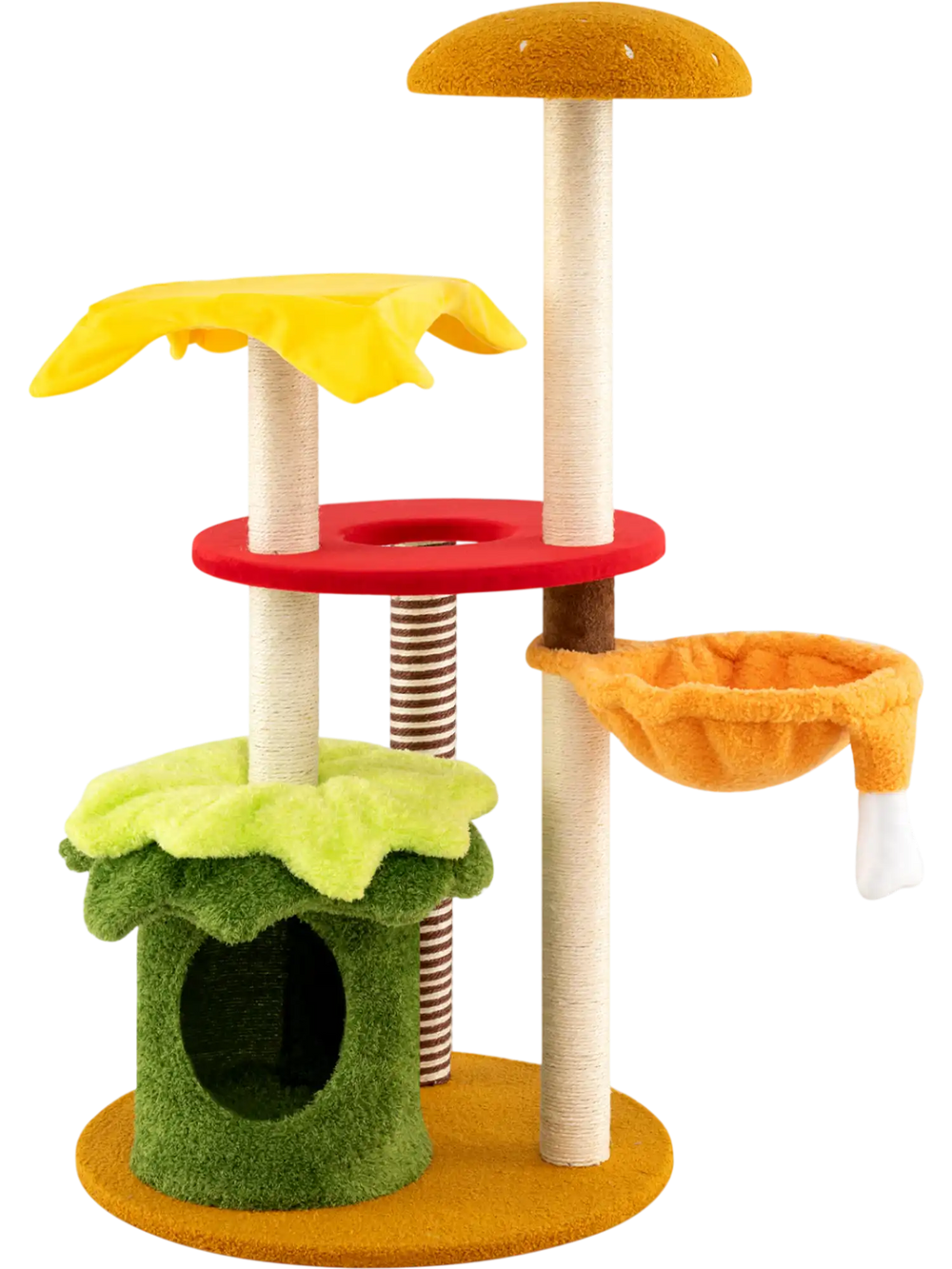 Multi-level 46-inch cat tree with padded perch, cozy basket bed, and playful hamburger design for feline fun and.