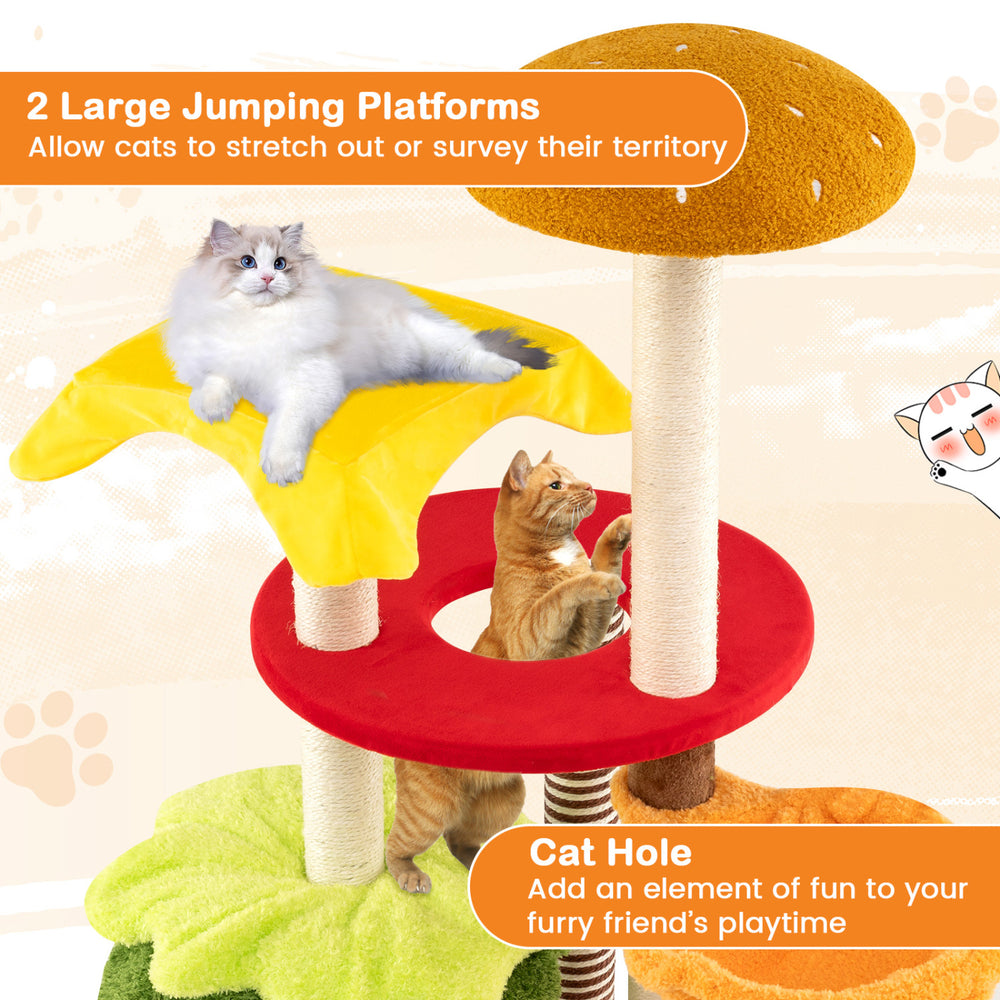Multi-level 46-inch cat tree with padded perch, cozy basket bed, and two large platforms for playful cats.