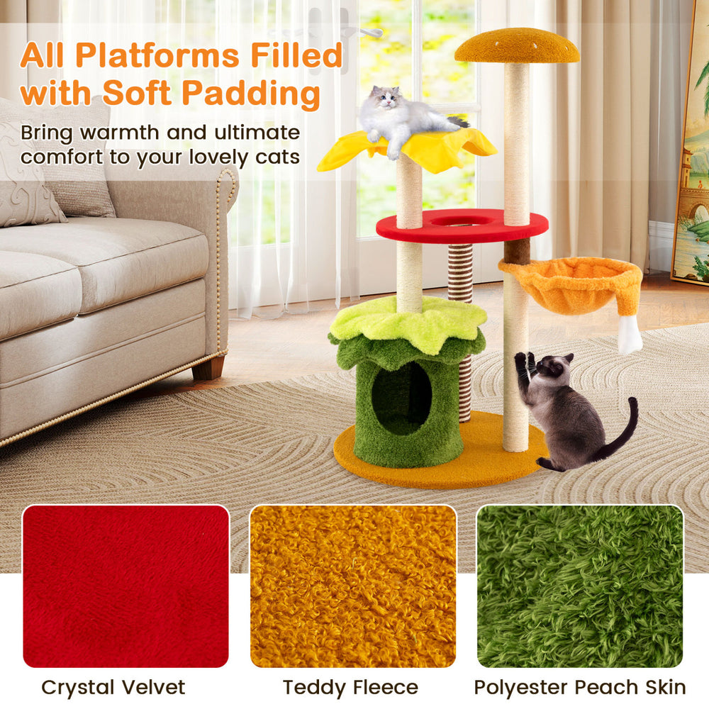Multi-level 46-inch cat tree with padded perch, cozy basket bed, and colorful flower decorations for playful cats.