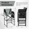 Tall gray director's chair with foldable side table, padded armrests, and footrest, perfect for camping and outdoor use.