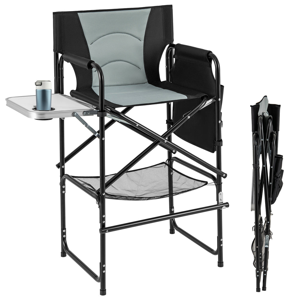Tall gray director's chair with foldable side table, footrest, and padded armrests, perfect for camping or outdoor use.