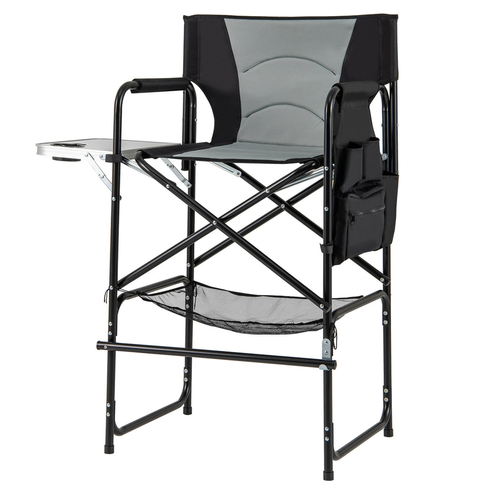 Gray 46-inch tall director's chair with foldable side table, padded armrests, and footrest for camping and outdoor use.