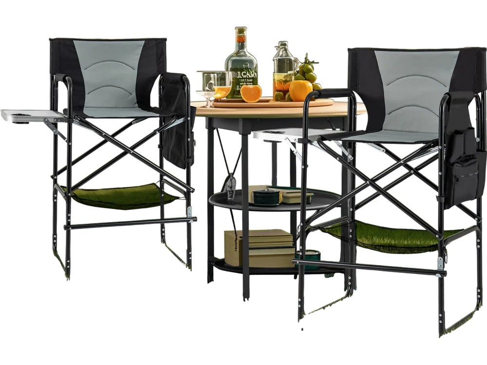 Gray directors chair set with foldable side table and footrest, perfect for camping and outdoor relaxation.