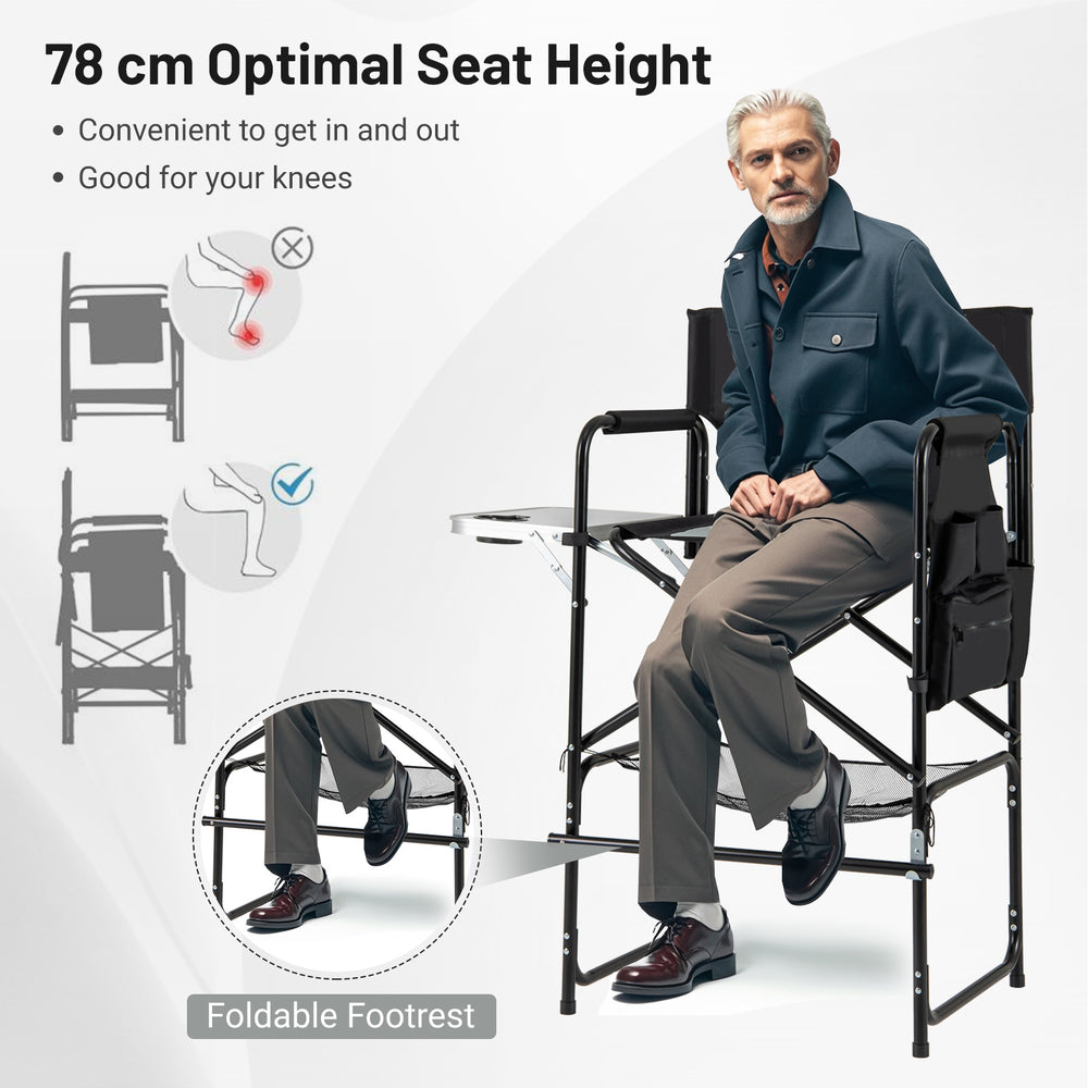 Directors chair with foldable side table and footrest, 78 cm seat height, gray fabric, ideal for camping and outdoor.