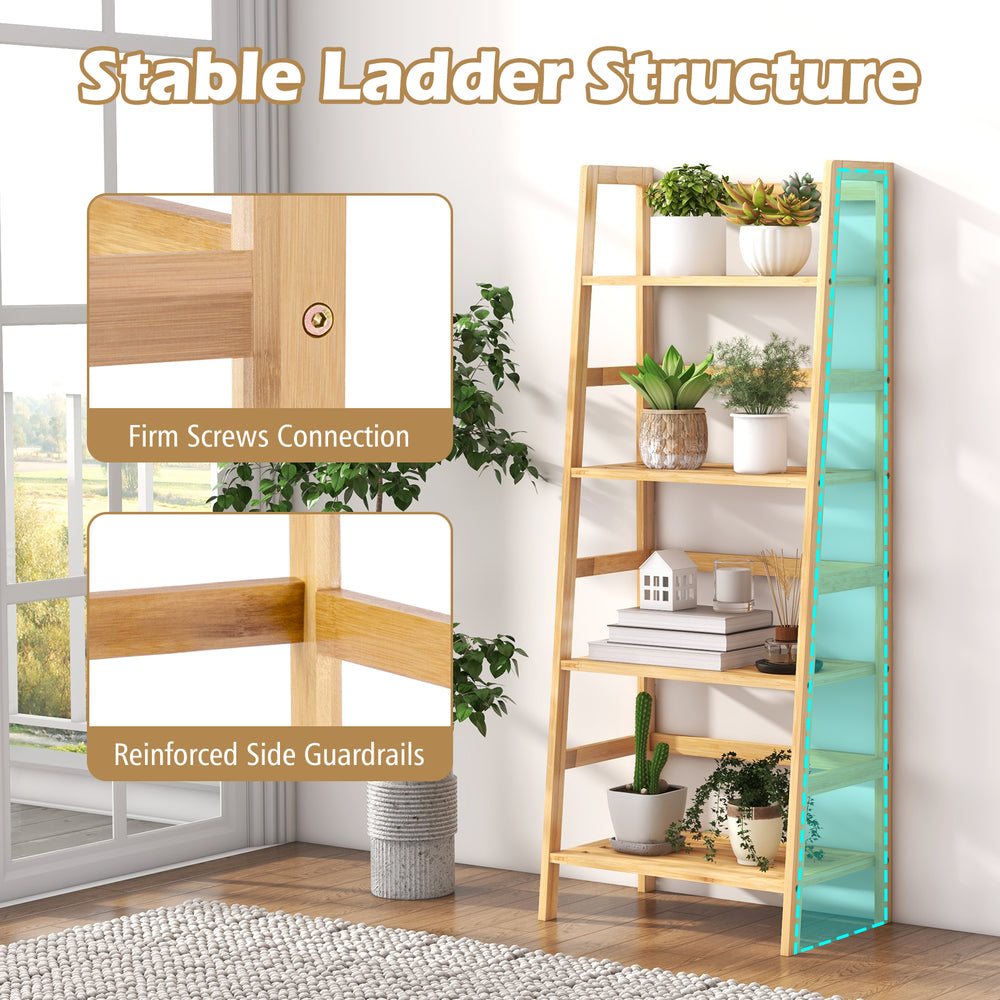 47.5-inch 4-tier bamboo bookcase with reinforced side guardrails, ideal for living rooms and kitchens.