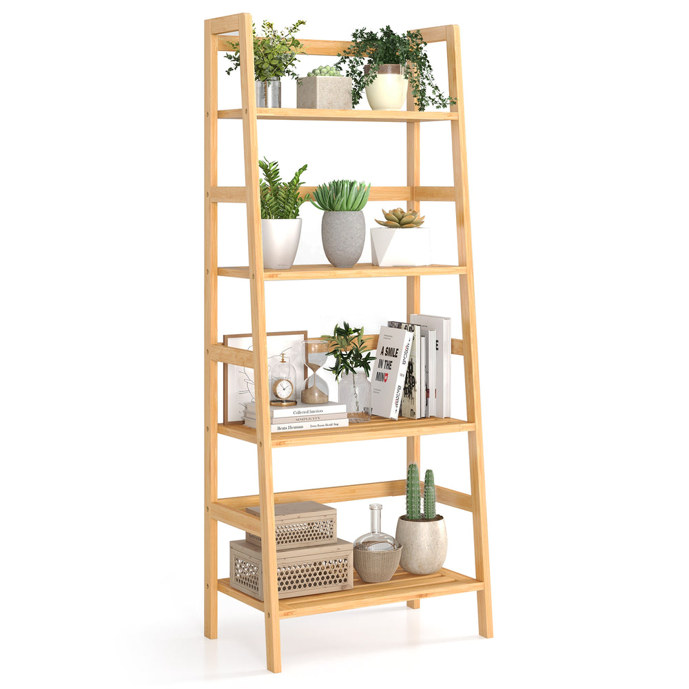 4-tier bamboo bookcase storage rack with plants and decor, perfect for living rooms and kitchens, durable and.