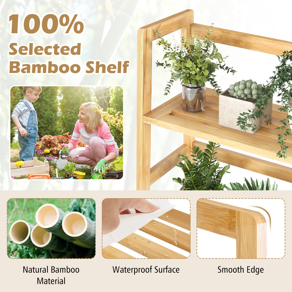 47.5-inch 4-tier bamboo bookcase with waterproof surface, smooth edges, ideal for living rooms and kitchens.