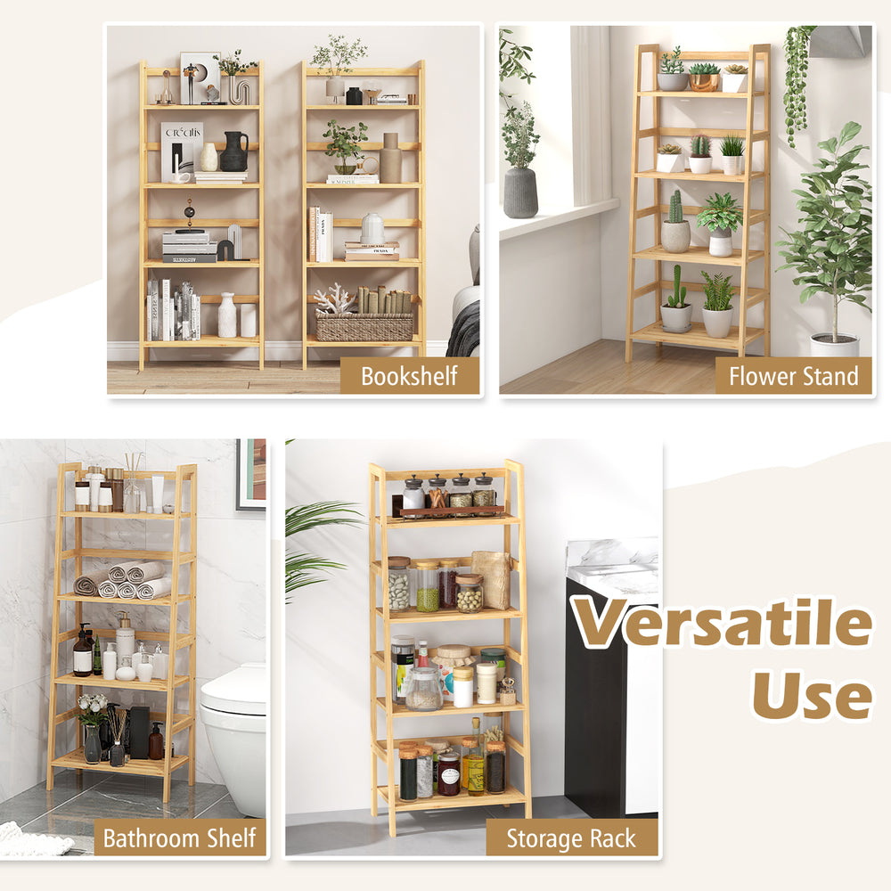 47.5-inch 4-tier bamboo bookcase storage rack showcasing versatile use in living room and bathroom settings.