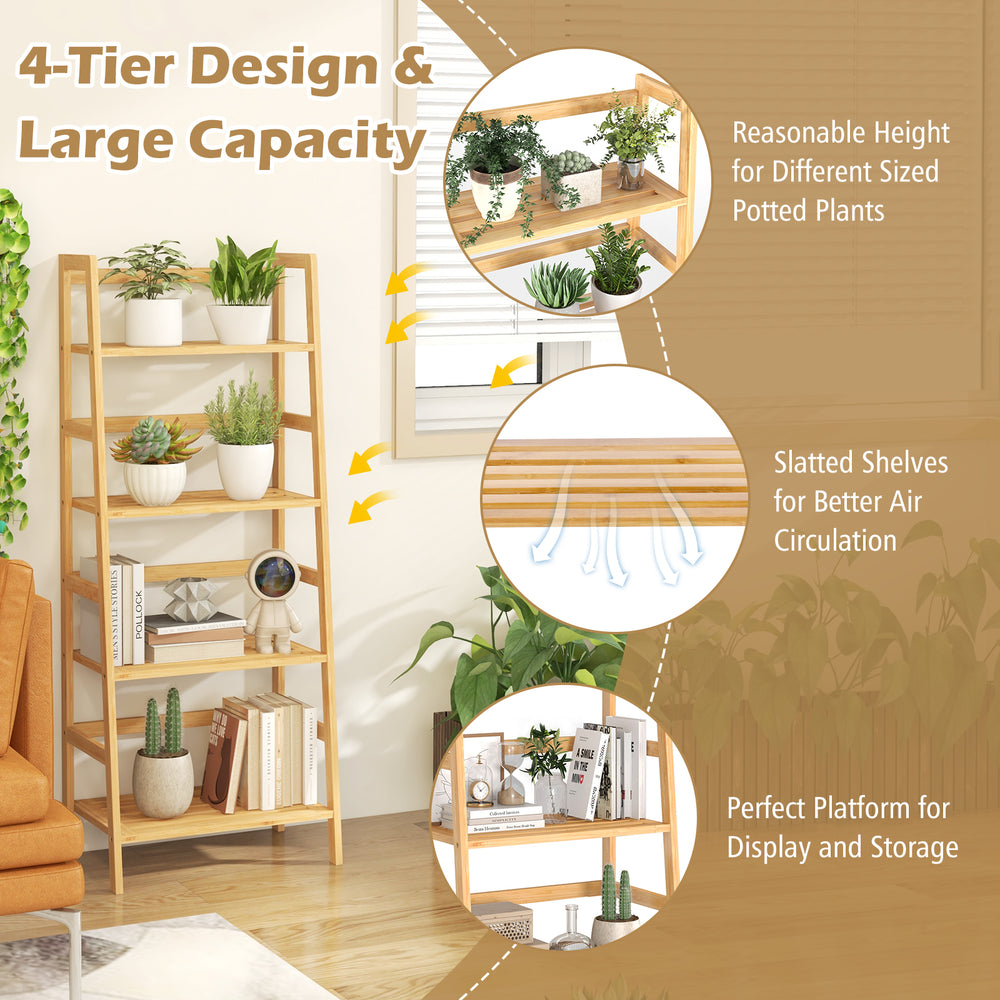 4-tier bamboo bookcase storage stand rack with slatted shelves for air circulation, ideal for plants and display.