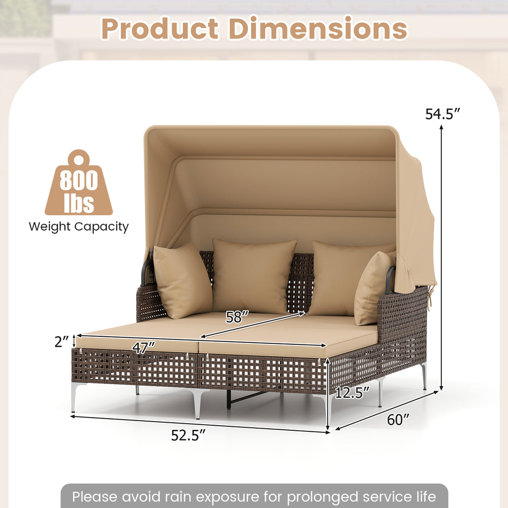 Outdoor daybed dimensions with retractable canopy, made of PE wicker rattan, supports 800 lbs for patio relaxation.