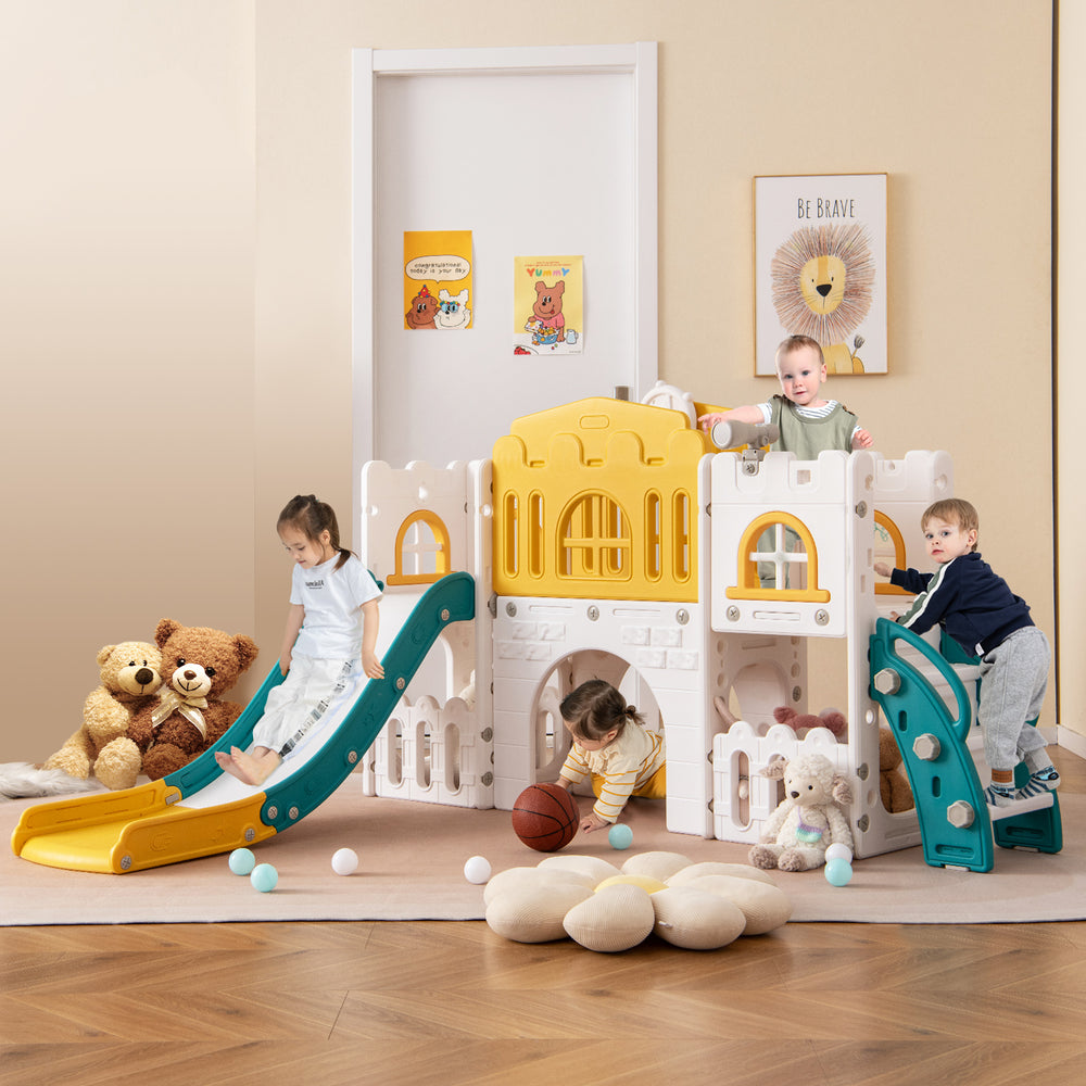 All-in-1 Toddler Slide Playset Playground with Tunnel and Ladder and Basketball-Yellow - Gallery View 1 of 10