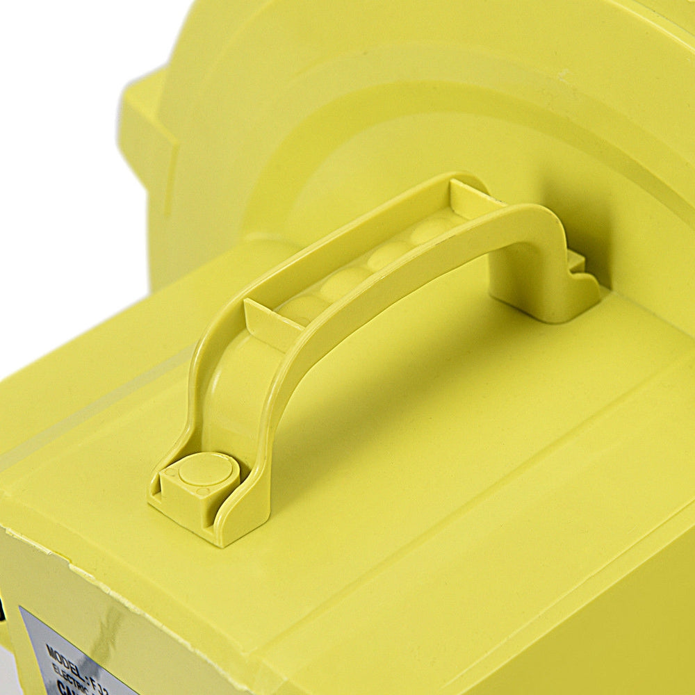 Top view of a yellow 950 W air blower pump with a sturdy handle, designed for inflatable bounce houses and water slides.