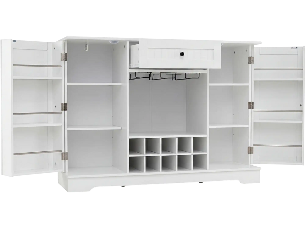 White 47.2-inch sideboard cabinet with door shelves, 10-bottle wine rack, and spacious storage for versatile use.