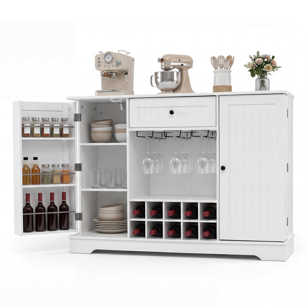 White 47.2-inch sideboard cabinet with door shelves, 10-bottle wine rack, and spacious tabletop for versatile storage.