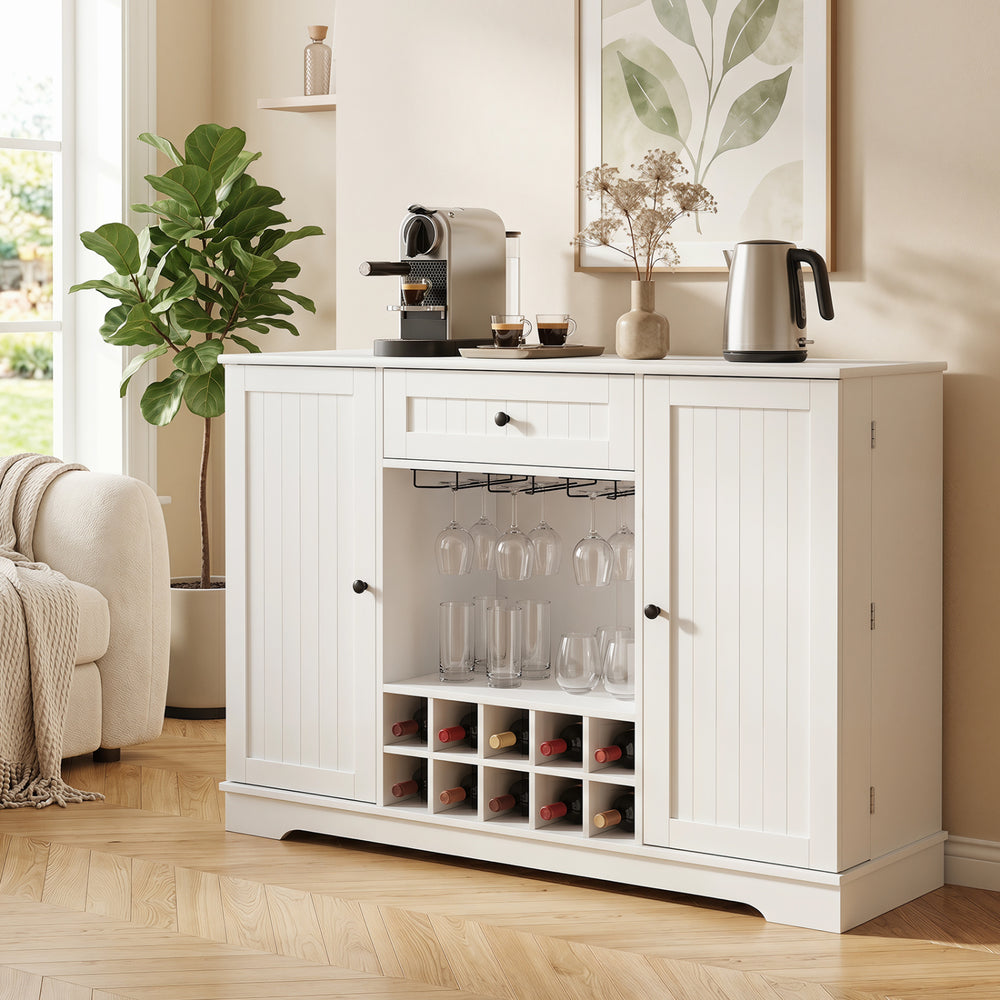 White 47.2-inch sideboard cabinet featuring a wine rack for 10 bottles, glass storage, and spacious tabletop for versatile use.
