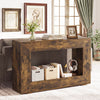 Rustic brown 47" two-tier console table with an open storage shelf, perfect for organizing books and decorative items.