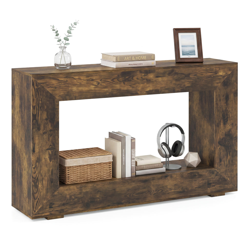 Rustic brown 47" console table with open storage shelf, featuring an attractive design suitable for displaying decor items.