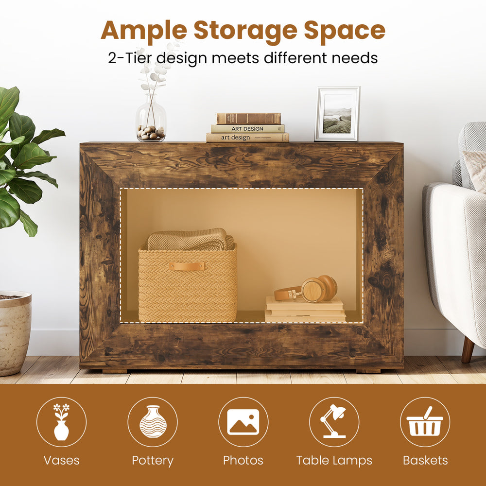 47" rustic brown 2-tier farmhouse console table with open storage shelf, perfect for vases and photos in small spaces.