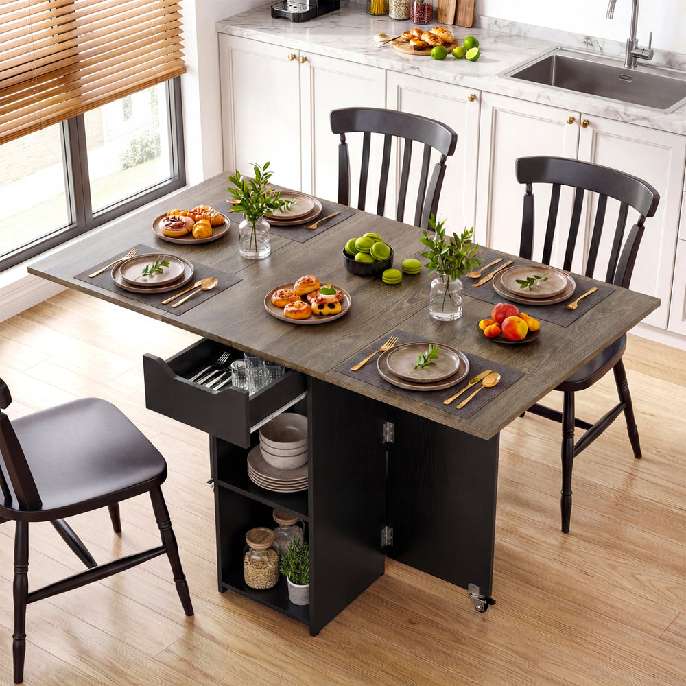 47.5-inch farmhouse extendable wooden dinner table with lockable wheels, featuring drop leaf panels and organized.