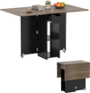 Extendable 47.5-inch wooden dinner table in oak with lockable wheels, featuring drop leaves and storage shelves for.
